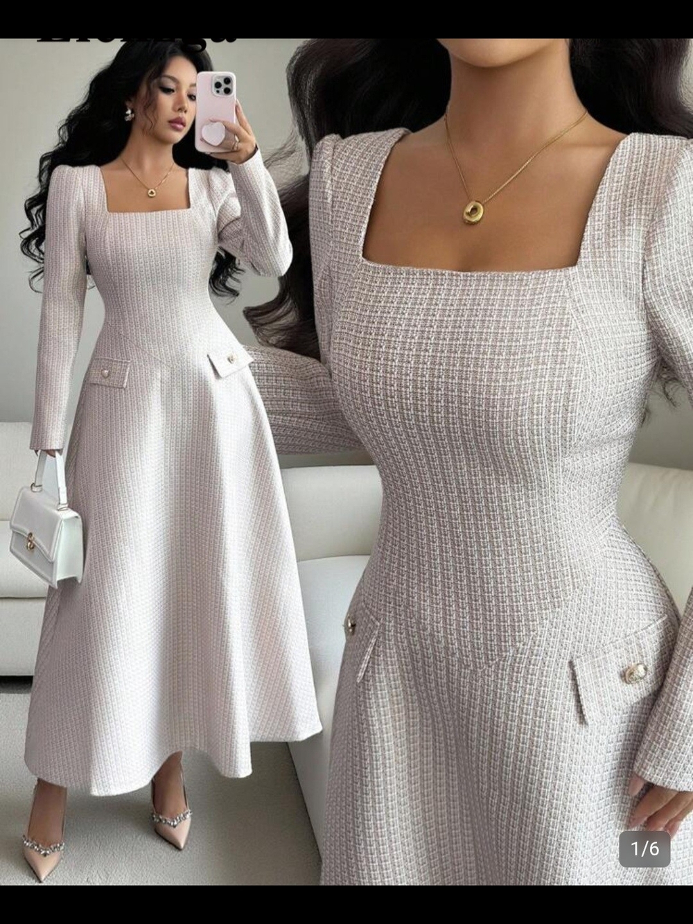 Elegant Square-Neck Long Sleeve Midi Dress in Light Pink